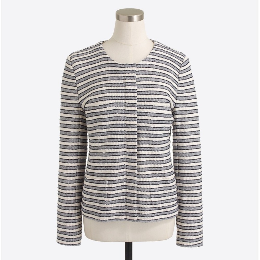 J. Crew Knit Lady Jacket Cream Navy Front Zip Terry Jacket Blazer Womens XXS